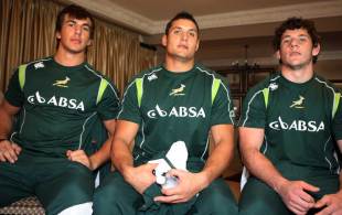 The three Springbok debutants line up for a photocall, Durban, South Africa, June 6, 2012