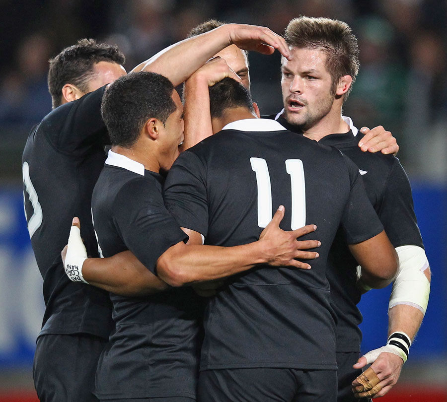 New Zealand's Julian Savea is congratulated on scoring