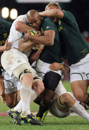 South Africa's JP Pietersen is tackled by England's Ben Morgan, South Africa v England, Kings Park, Durban, South Africa, June 9, 2012