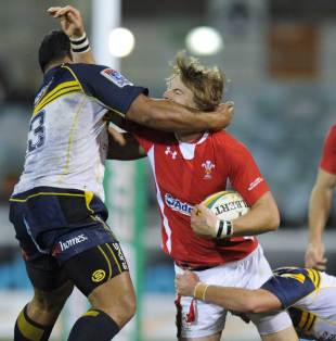 Wales' Liam Williams tries to break through the Brumbies' defence, Brumbies v Wales, Canberra, Australia, June 12, 2012