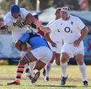 England's James Haskell finds his way blocked