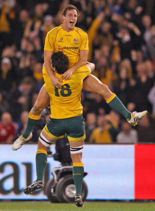 Delight for Australia's Mike Harris, Australia v Wales, Dockland's Stadium, Melbourne, Australia, June 16, 2012