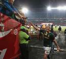 South Africa captain Jean de Villiers salutes the fans