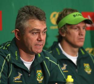 South Africa coach Heyneke Meyer and skipper Jean de Villiers speak to the media, Nelson Mandela Bay Stadium, Port Elizabeth, South Africa, June 20, 2012