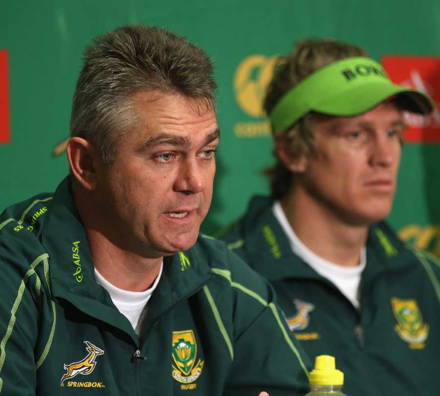 South Africa coach Heyneke Meyer and skipper Jean de Villiers speak to the media