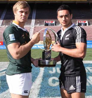 South Africa's Wian Liebenberg and New Zealand's Bryn Hall hold the JWC trophy, Newlands, Cape Town, South Africa, June 21, 2012