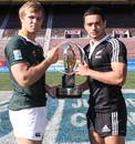 South Africa's Wian Liebenberg and New Zealand's Bryn Hall hold the JWC trophy