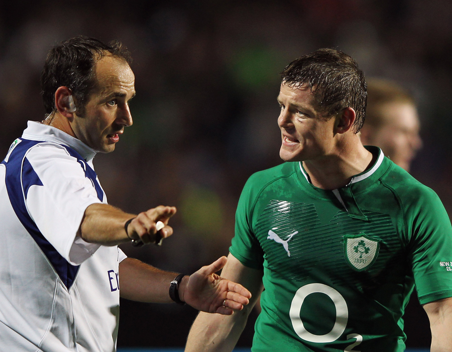 Ireland's Brian O'Driscoll shows his frustrations to referee Romain Poite