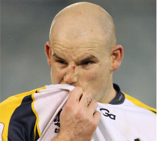 The Brumbies' Stephen Moore considers the consequences of their defeat, Brumbies v Blues, Super Rugby, Canberra Stadium, Canberra, Australia, July 14, 2012