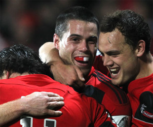The Crusaders' Sean Maitland, Israel Dagg and Zac Guildford celebrate, Crusaders v Western Force, Super Rugby, Christchurch, New Zealand, July 14, 2012