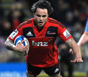 Zac Guildford dives over the line to score the opening try of the Super Rugby qualifier. Crusaders v Bulls, Super Rugby. Rugby League Park, Christchurch, New Zealand. July 21, 2012