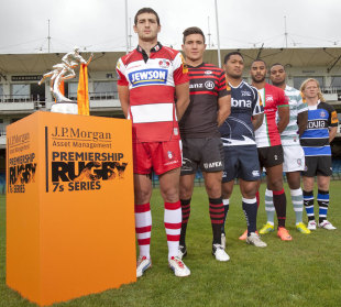 Gloucester's Jonny May heads the captains as they pose ahead of the J.P. Morgan 7s finale, The Rec, Bath, England, July 31, 2012