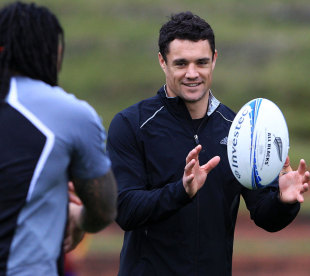 Dan Carter passes the ball at training, New Zealand training session, Rugby League Park, Wellington, New Zealand, August 2, 2012
