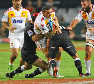The Chiefs' Sonny Bill Williams is shackled by the Sharks' defence, The Sharks v The Chiefs, Super Rugby, Kings Park, Durban, South Africa, April 21, 2012