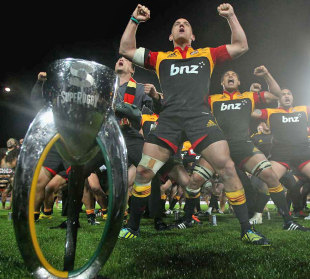 Chiefs fly-half Aaron Cruden leads the celebrations