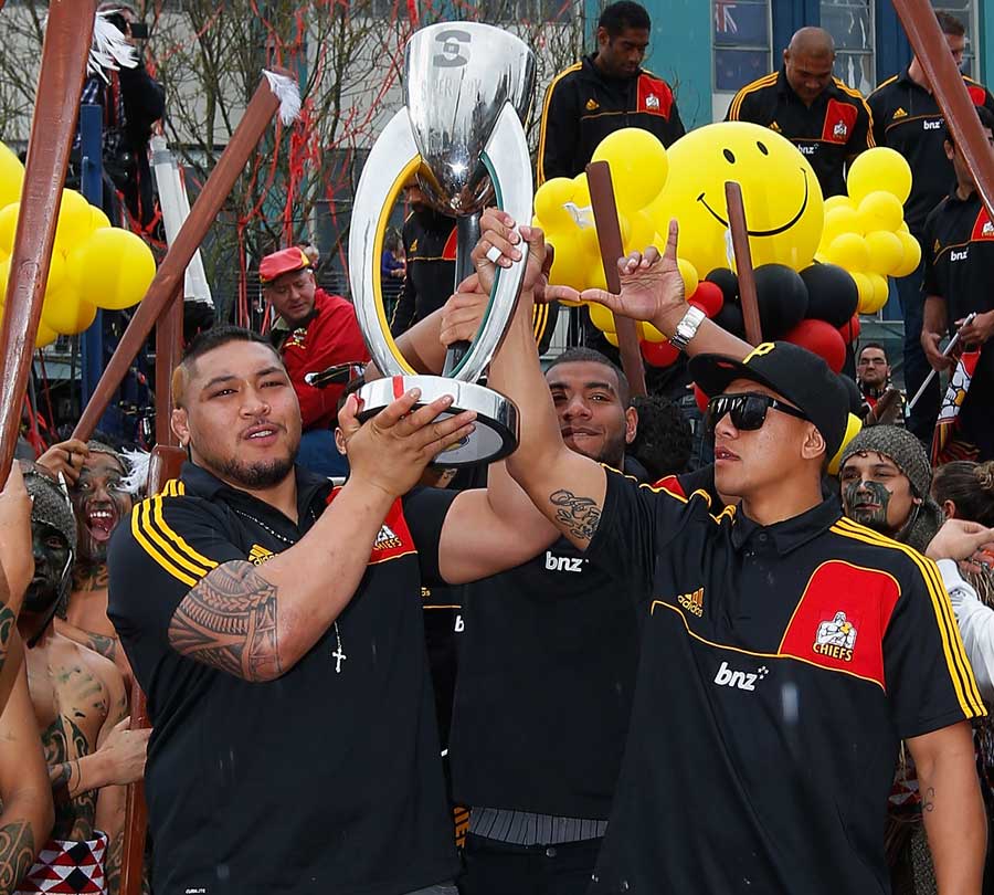 The Chiefs parade the Super Rugby trophy after their triumph