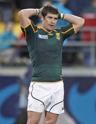 South Africa fly-half Morne Steyn reflects on defeat, South Africa v Australia, Rugby World Cup quarter-final, Wellington Stadium, Wellington, New Zealand, October 9, 2011