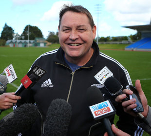 All Blacks head coach Steve Hansen is all smiles, New Zealand press conference, Trusts Stadium, Auckland, New Zealand, August 10, 2012 