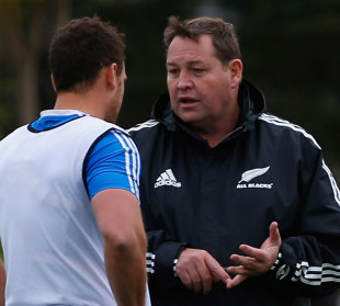 Coach Steve Hansen talks to Israel Dagg at All Blacks training, Trusts Stadium, Auckland, New Zealand, August 11, 2012