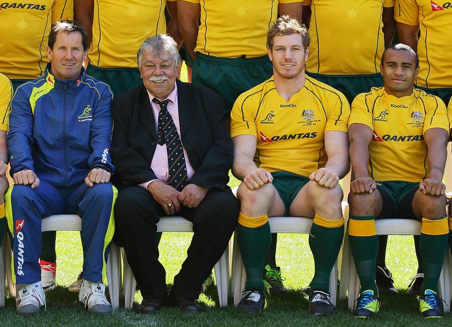 Former Wallaby Lloyd McDermott sits alongside Robbie Deans, David Pocock and Will Genia