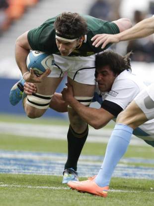 South Africa's Marcell Coetzee is halted, Argentina v South Africa, Rugby Championship, Mendoza, Argentina, August 25, 2012
