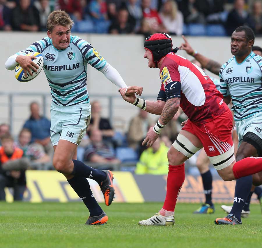 Leicester fly-half Toby Flood breaks clear of the defence