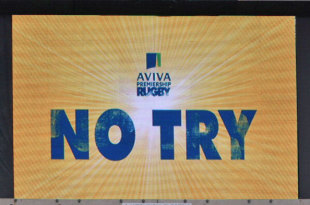 The scoreboard reveals a decision by the Television Match Official, Wasps v Harlequins, Aviva Premiership, Twickenham, London, England, September 1, 2012