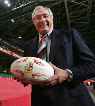 Gareth Edwards poses with a giant British and Irish Lions shirt during an Audience with HSBC British and Irish Lions Ambassadors Gareth Edwards and John Smit at the Millennium Stadium in Cardiff, Wales on November 25, 2008.