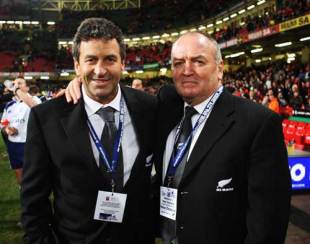 New Zealand backs coach Wayne Smith and head coach Graham Henry celebrate following the match between Wales and the All Blacks at Millennium Stadium in Cardiff, United Kingdom on November 22, 2008. 