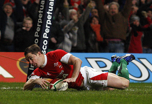 Shane Williams dives in for a try, as Wales take on Australia in Cardiff