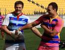 Richie McCaw shares a joke with Israel Dagg in training