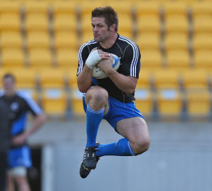 New Zealand captain Richie McCaw claims a high ball in training, All Blacks training session, Westpac Stadium, Wellington, New Zealand, September 7, 2012
