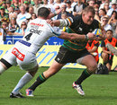 Northampton's Dylan Hartley exploits some space in the Exeter defence