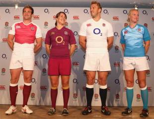 Rob Vickerman, Katy McLean, Chris Robshaw and Michaela Staniford stand in the new England kits, Drybrook Rugby Club, Gloucester, England, September 19, 2012 