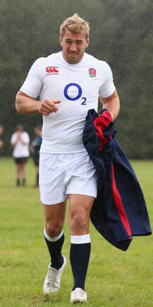 England's Chris Robshaw gets caught in a rain storm in the new Canterbury strip, Drybrook Rugby Club, Gloucester, England, September 19, 2012 