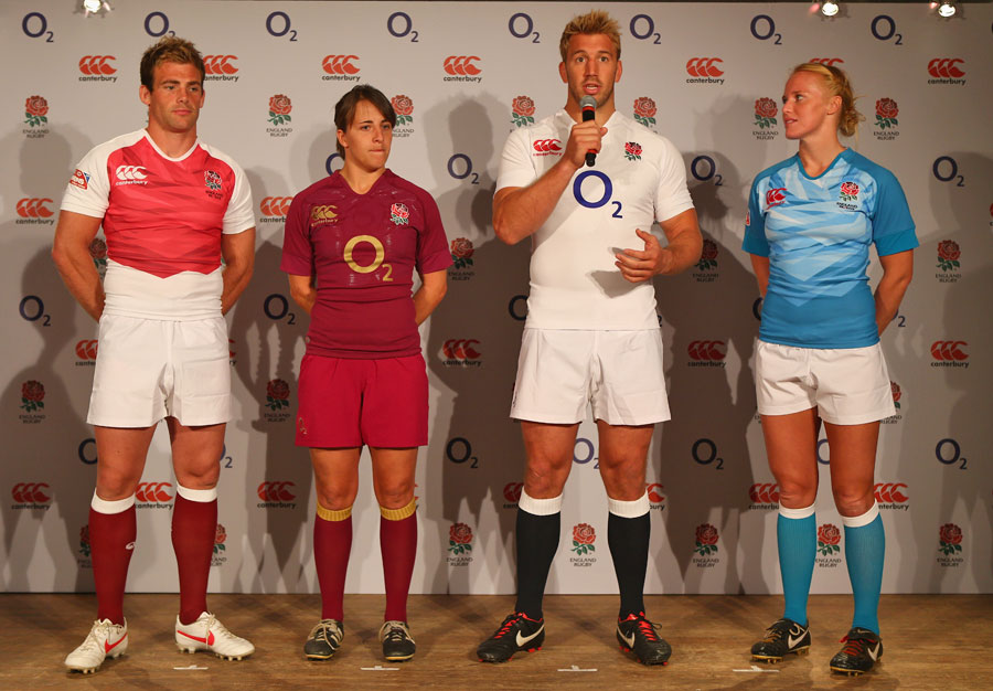 Rob Vickerman, Katy McLean, Chris Robshaw and Michaela Staniford stand in the new England kits