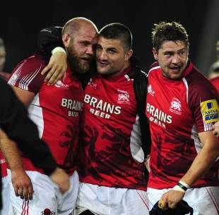 London Welsh players celebrate their first away win since promotion to the Premiership with a 29-19 victory against Sale Sharks, Sale Sharks v London Welsh, Aviva Premiership, Salford City Stadium, Salford, England, September 21, 2012