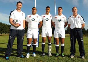 Stuart Lancaster and Andy Farrell stand alongside three of England's promising players, Reading, England, September 25, 2012