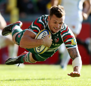 Leicester's Adam Thompstone dives over to score for the Tigers, Leicester Tigers v Exeter Chiefs, Aviva Premiership, Welford Road, Leicster, England, September 2012.