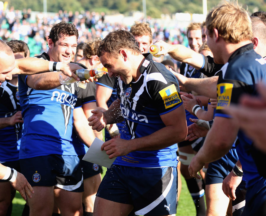 Bath's Olly Barkley is showered by his team-mates
