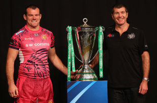 Exeter captain Tom Hayes and head coach Rob Baxter, Heineken Cup season launch, London, England, October 1, 2012