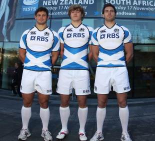 Scotland's Ross Ford, Dave Denton and Sean Lamont unveil their new change kit, Omni Centre, Scotland, October 3, 2012