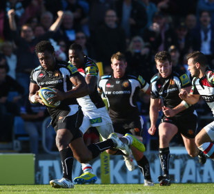 Exeter's Sireli Naqelevuki tries to race away from the Harlequins' defence, Exeter Chiefs v Harlequins, Aviva Premiership, Sandy Park, Exeter, England, October 6, 2012. 