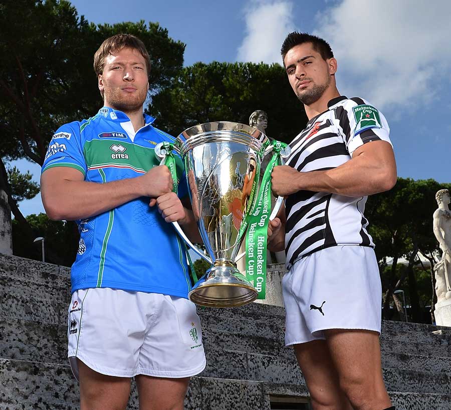 Treviso's Antonio Pavanello and Zebre's Roberto Quartaroli pose with the Heineken Cup