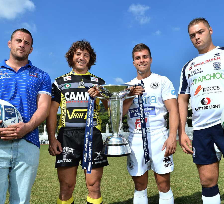 The captains of the four Italian Amlin Challenge Cup teams stand alongside the trophy
