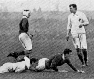 Scotland's Alec Timms loses the ball after scoring, England v Scotland, Blackheath, England, March 9, 1901
