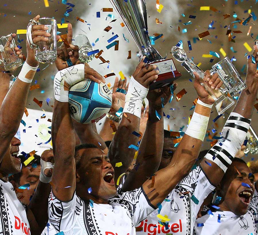 Fiji celebrate their Gold Coast Sevens triumph