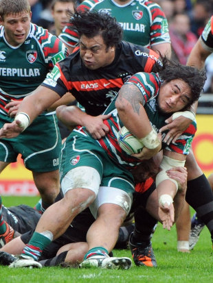 Toulouse's Cencus Johnston tackles Leicester's Logovi'i Mulipola , Toulouse v Leicester Tigers, Heineken Cup, Le Stadium, Toulouse, France, October 14, 2012