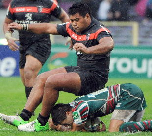 Toulouse's Christopher Tolofua sits on Leicester's Ben Youngs, Toulouse v Leicester Tigers, Heineken Cup, Le Stadium, Toulouse, France, October 14, 2012