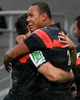 Toulouse's Gael Fickou is congratulated on his try, Toulouse v Leicester Tigers, Heineken Cup, Le Stadium, Toulouse, France, October 14, 2012